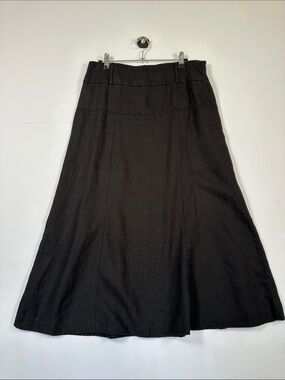 For Cynthia Black 100% Linen A-Line Midi Skirt Minimalist Panel Seam M Flowy